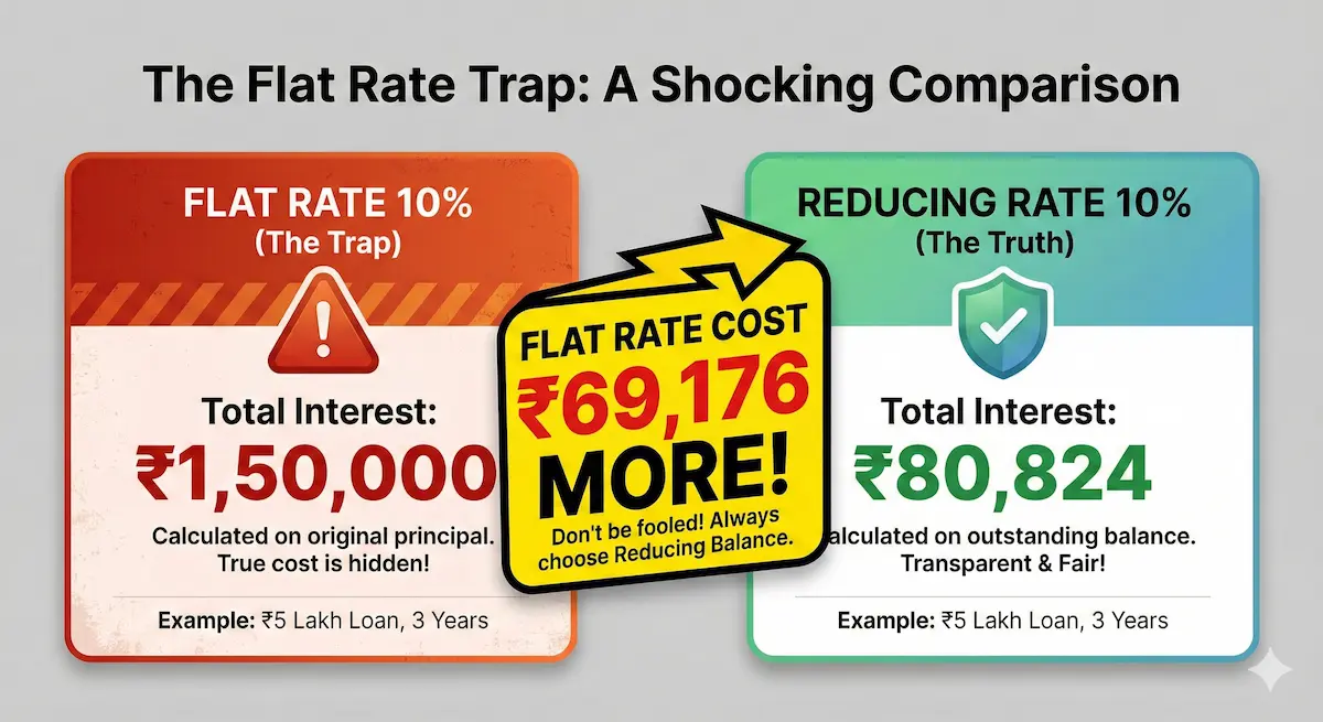 Chart comparing total interest cost between flat rate and reducing balance methods